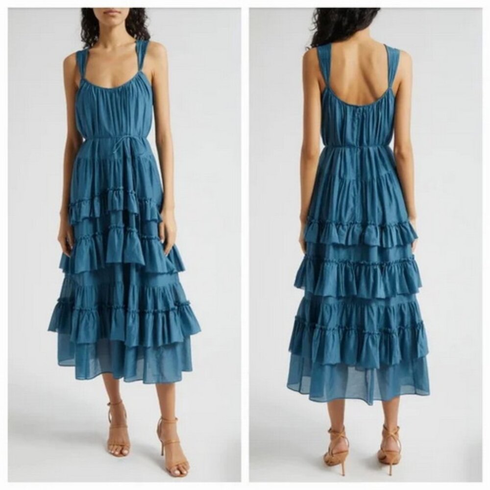 Cinq A Sept Kandra Blue Ruffle Tiered Cotton & Silk Blend Dress